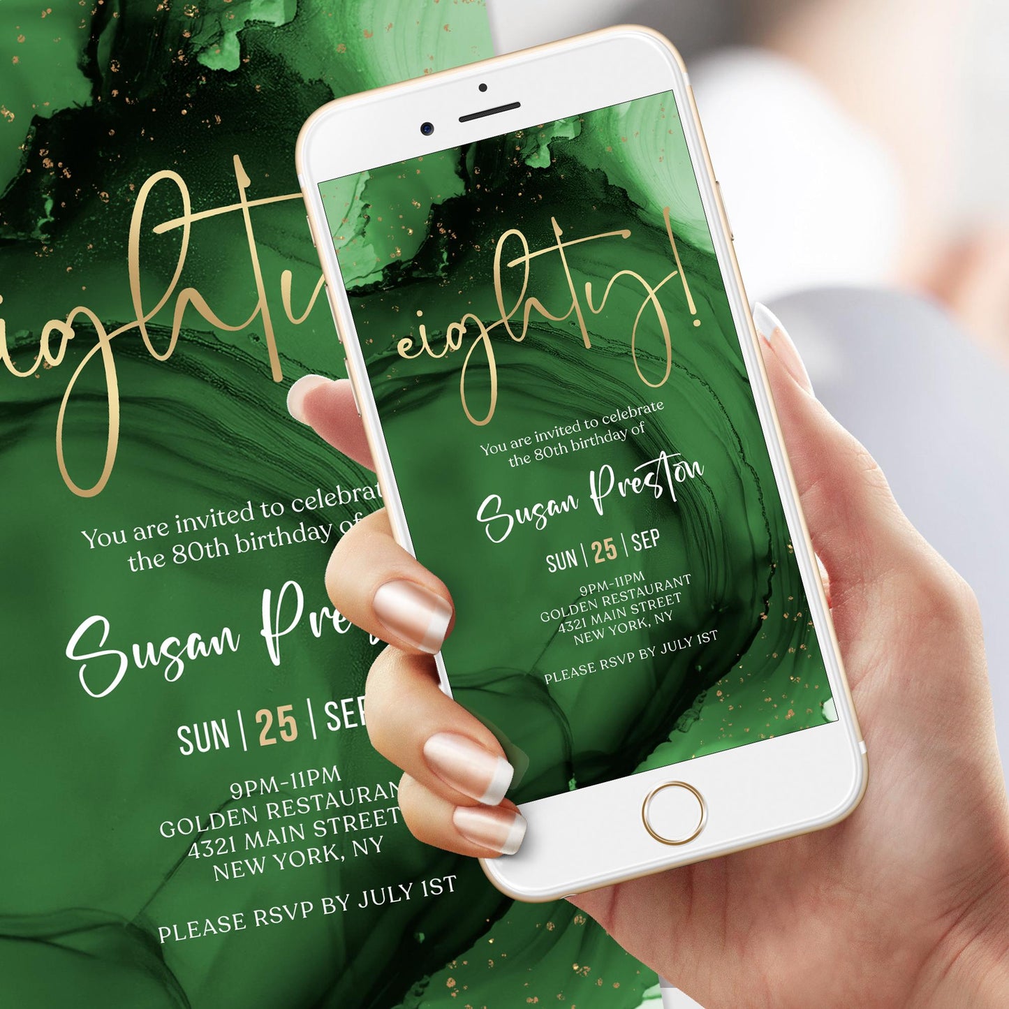 Green Emerald Gold 80th Birthday Invitation Template, Digital Birthday Invite Card, Editable Electronic Evite, Email & Text Message, Instant Download