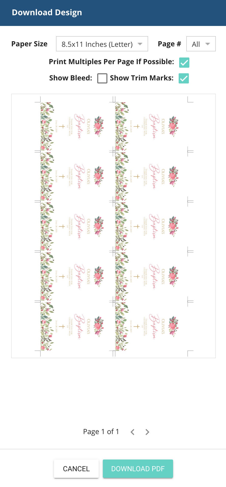 Baptism Thank You Tag Template, First Communion Editable Baptism Favor Tag, Floral Christening Tag, Printable Instant Download, Gold DIY Tag