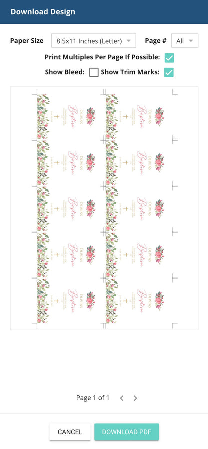 Baptism Thank You Tag Template, First Communion Editable Baptism Favor Tag, Floral Christening Tag, Printable Instant Download, Gold DIY Tag