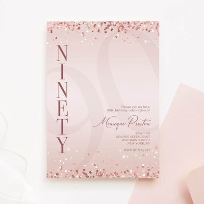 Pink Rose Gold 90th Birthday Invitation Template – Editable Ninety Birthday Party Invite – Printable Surprise Party Card – Email & Text Digital Download