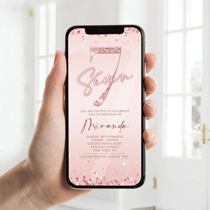 Digital Pink 7th Birthday Invitation Template | Editable Design | Instant Download