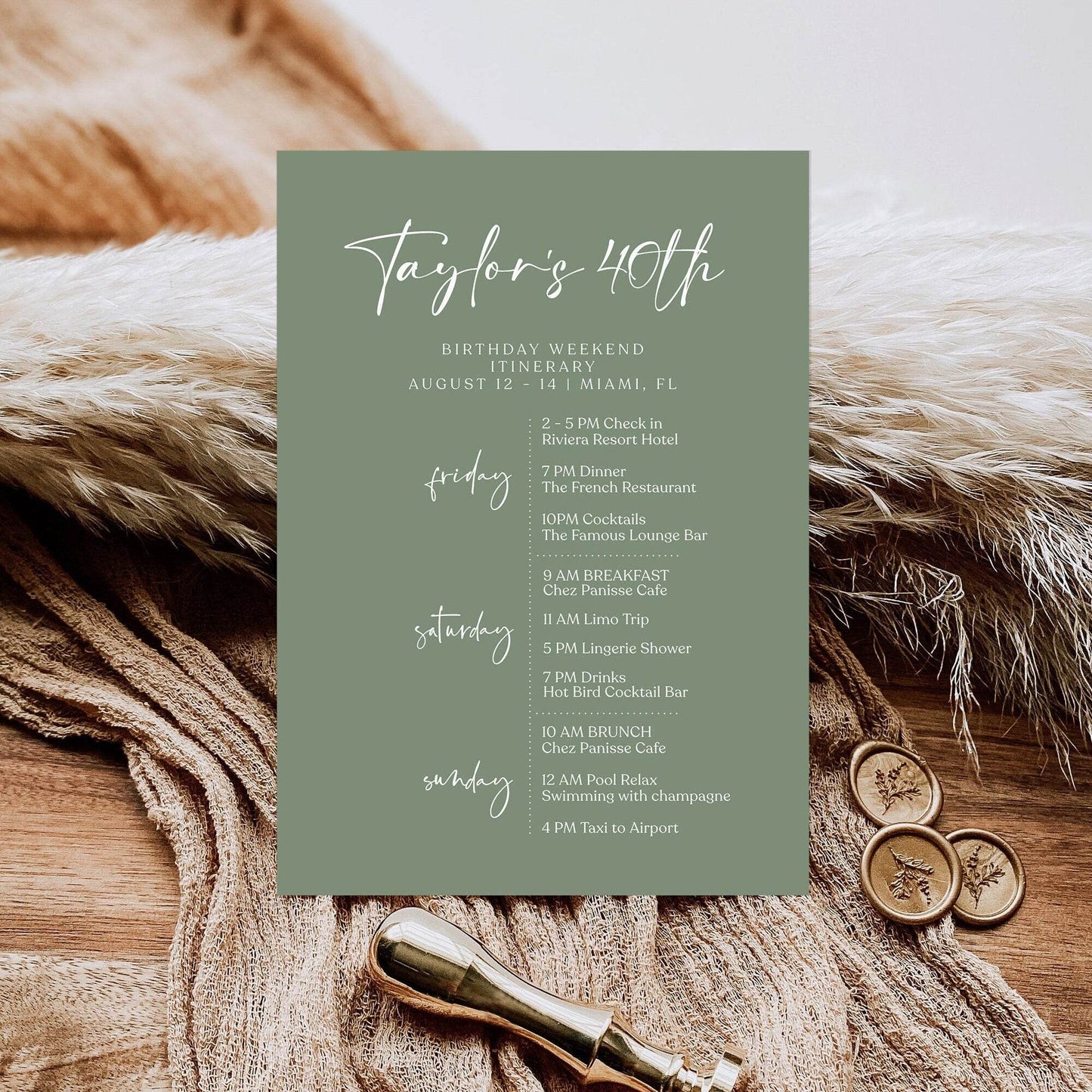 Sage Green 40th Birthday Weekend Itinerary Template, Printable Minimalist Itinerary, Editable Birthday Schedule, Digital Party Weekend Invite