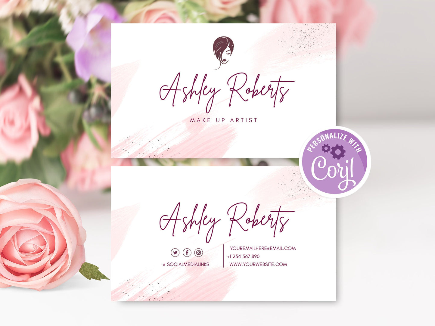 Pink Watercolor Brush Business Cards Template, Rose Gold Business Card, Custom Business Card Editable Template, Purple Instant Download DIY