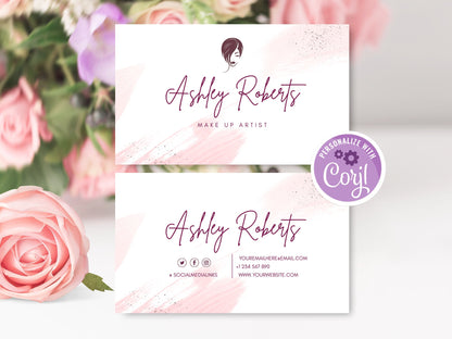 Pink Watercolor Brush Business Cards Template, Rose Gold Business Card, Custom Business Card Editable Template, Purple Instant Download DIY