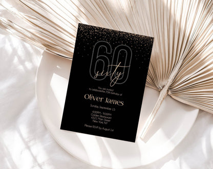 60th Birthday Invitation Printable, Sixty Birthday Party, Black Gold Men Birthday Invitation, Editable Luxury Invite, Instant Download, 5x7