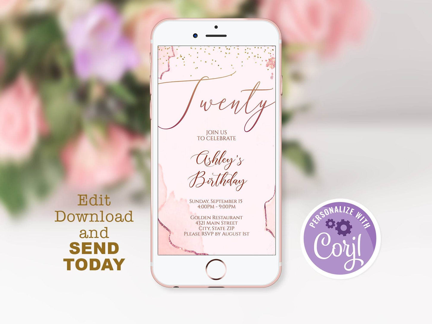 Electronic 20th Birthday Invitation Template, Rose Gold Twenty Phone Party E-Invite, Editable Mobile Text Message Evite, Instant Digital Download