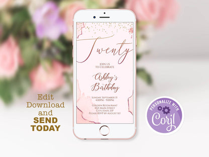 Electronic 20th Birthday Invitation Template, Rose Gold Twenty Phone Party E-Invite, Editable Mobile Text Message Evite, Instant Digital Download