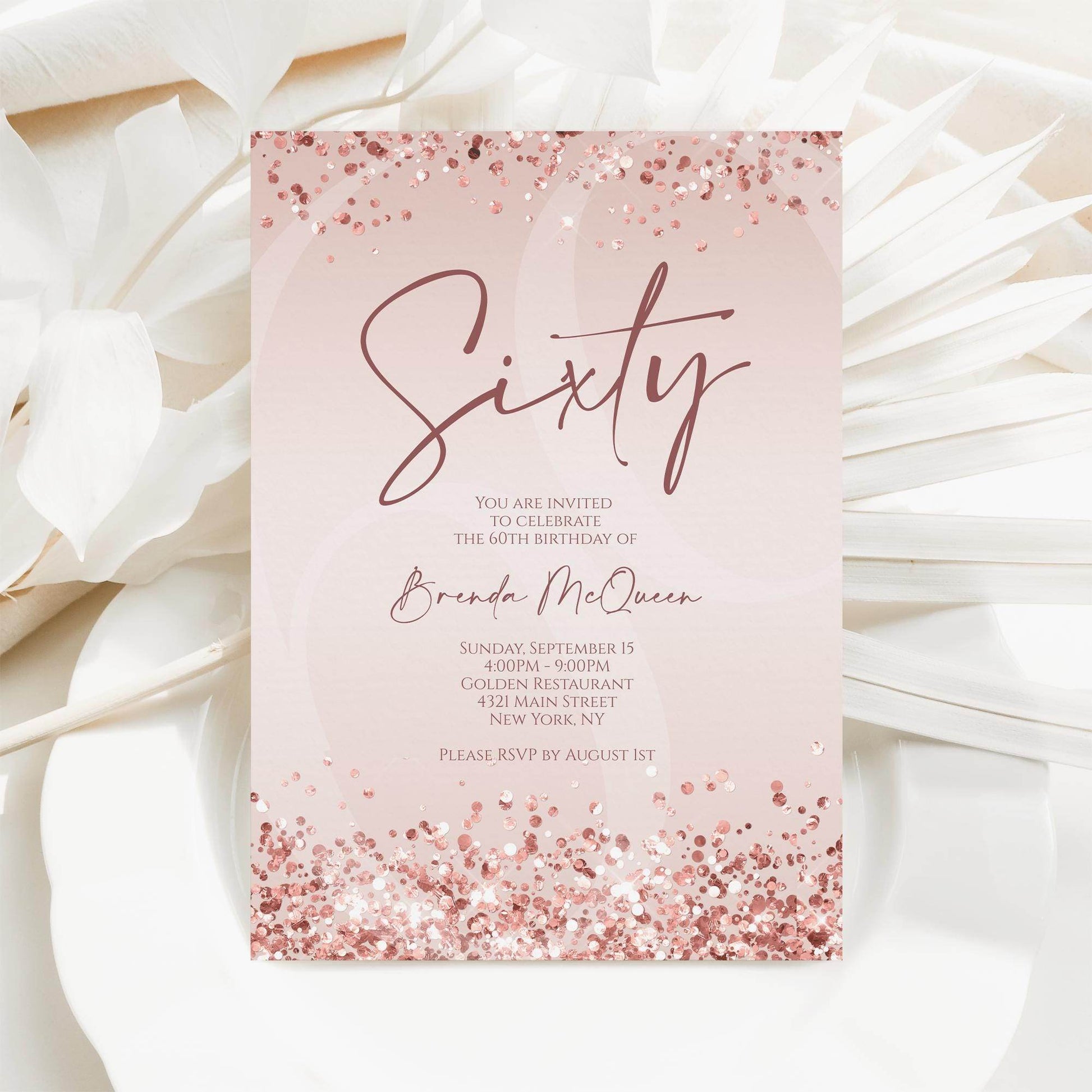 Editable 60th Birthday Invitation Template, Rose Gold Confetti Digital Card, Printable Sixty Birthday Evite, Pink Text Message Invite