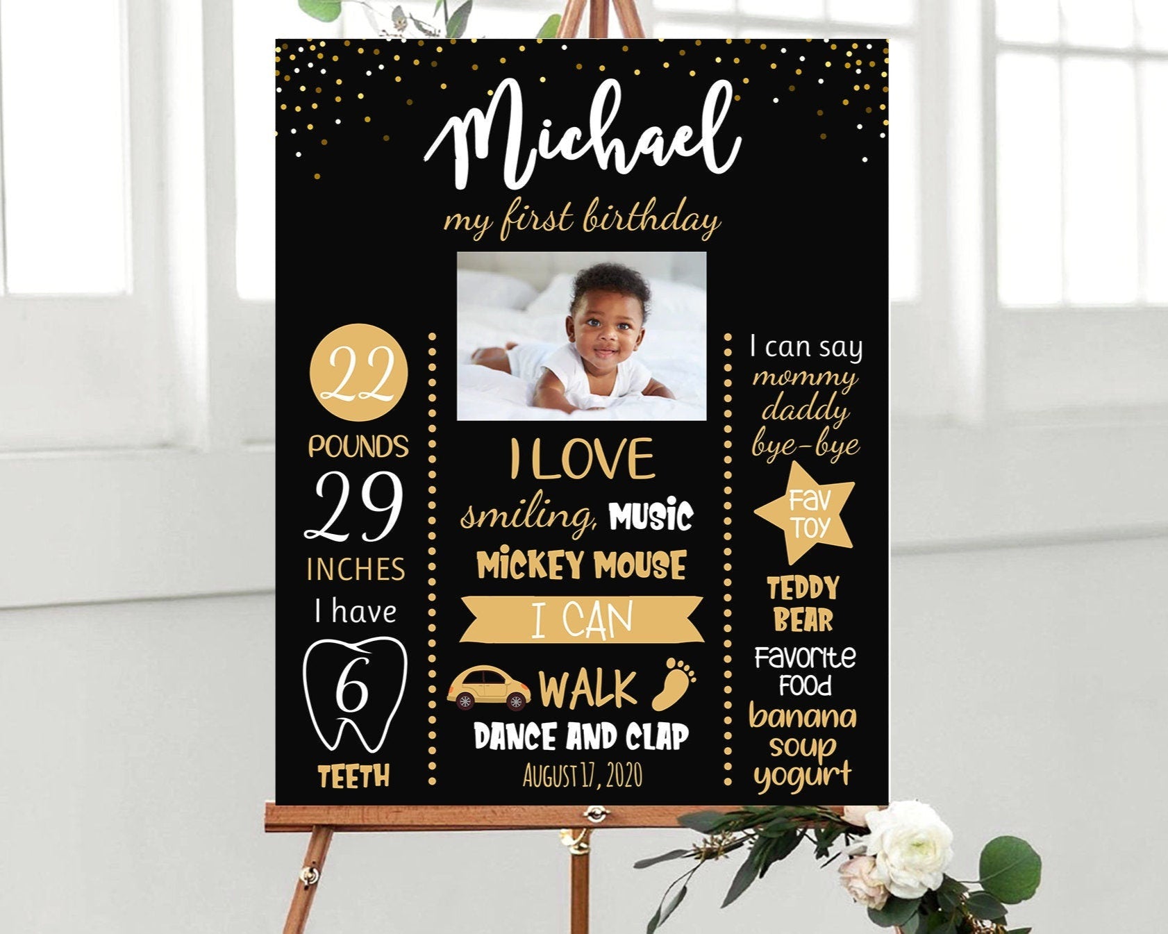 First Birthday Poster, Black and Gold Confetti Board, Editable 1st Birthday Milestone Sign, Boy 1st Birthday Chalkboard Sign Birthday Poster