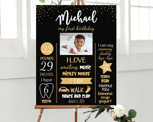 First Birthday Poster, Black and Gold Confetti Board, Editable 1st Birthday Milestone Sign, Boy 1st Birthday Chalkboard Sign Birthday Poster