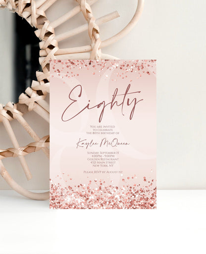Rose Gold 80th Eighty Invitation Template Printable, Editable Pink Women 80th Birthday Invite, Email Text Message, Birthday Card Invitation