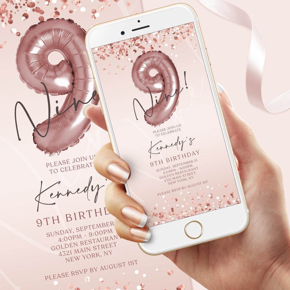 9th Girl Birthday Invitation – Digital Rose Gold Pink Evite – Editable Mobile Text Message Template – Electronic 9th Birthday Invite