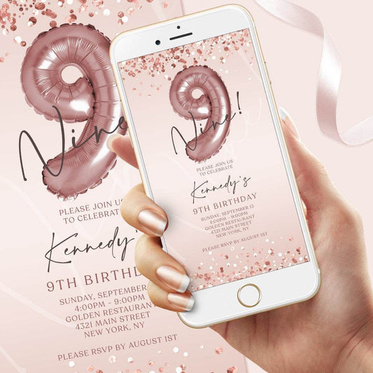 9th Girl Birthday Invitation – Digital Rose Gold Pink Evite – Editable Mobile Text Message Template – Electronic 9th Birthday Invite