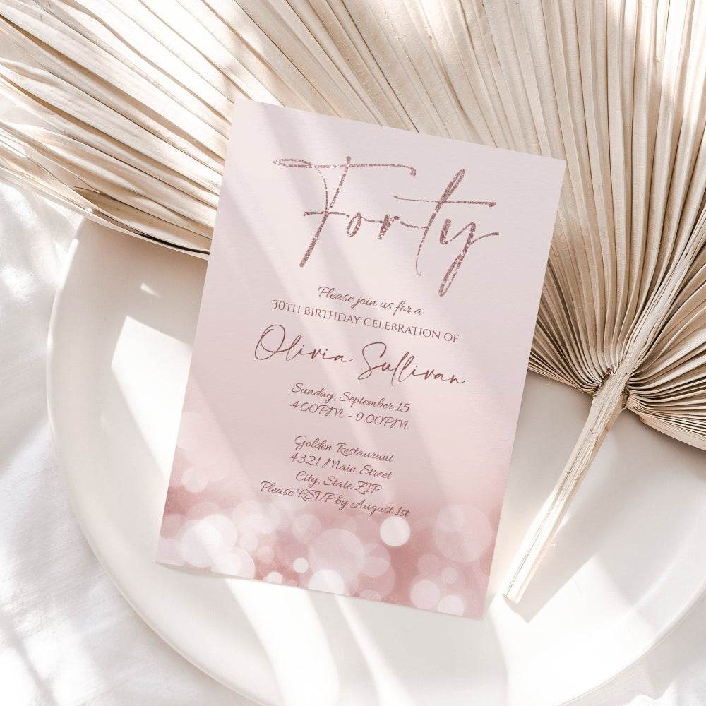 Printable Rose Gold Glitter 40th Birthday Invitation Template, Editable Hello Forty Invite, 5x7 Modern Digital Download, Text Message Evite