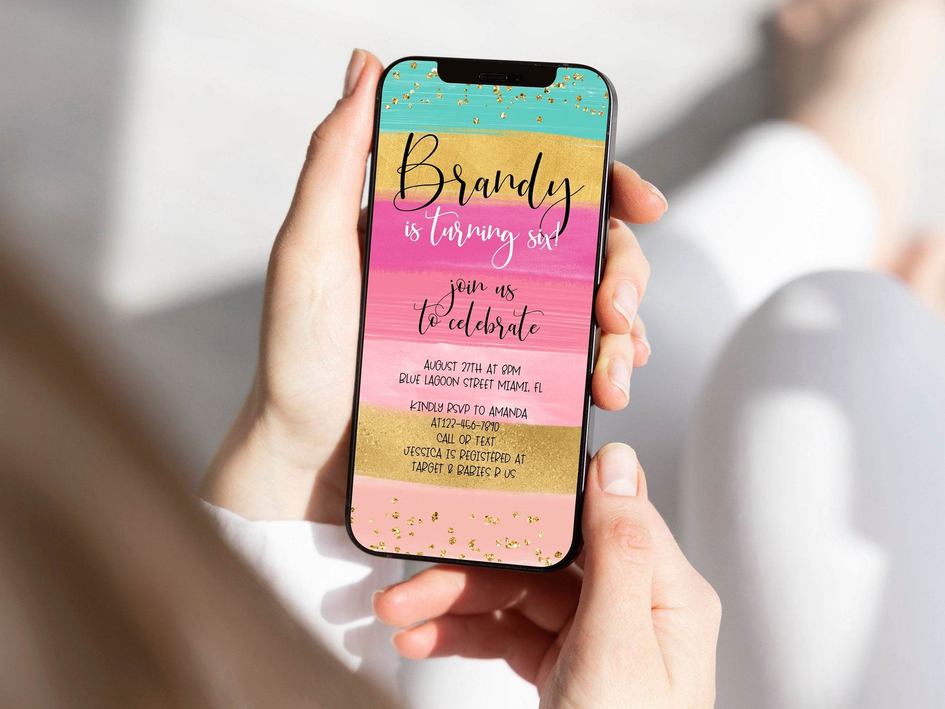 Digital 6th Six Girl Birthday Party Text Invitation, Electronic Rainbow Gold Birthday Invite Text Evite, Instant Download, Editable Template