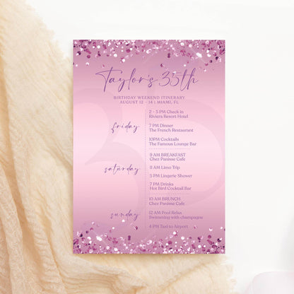 Editable Purple Any Age Woman Birthday Itinerary Template, Printable Lavender Woman Itinerary, Ladies Weekend Itinerary, Email Text Message
