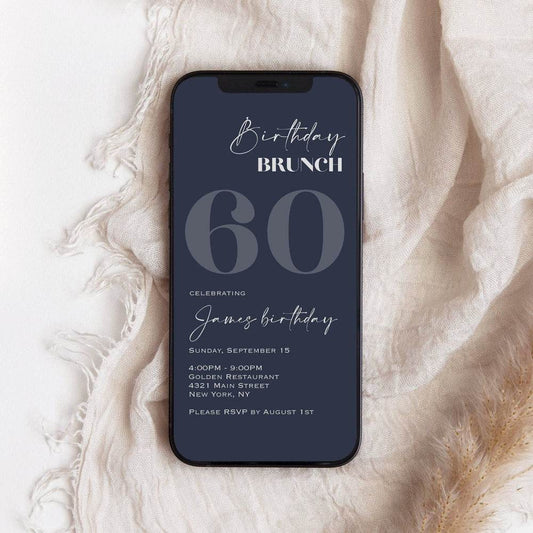Navy Silver 60th Birthday Brunch Evite – Electronic Party Invitation | Editable Digital Template | Paperless 60th Birthday Invite | Instant Download