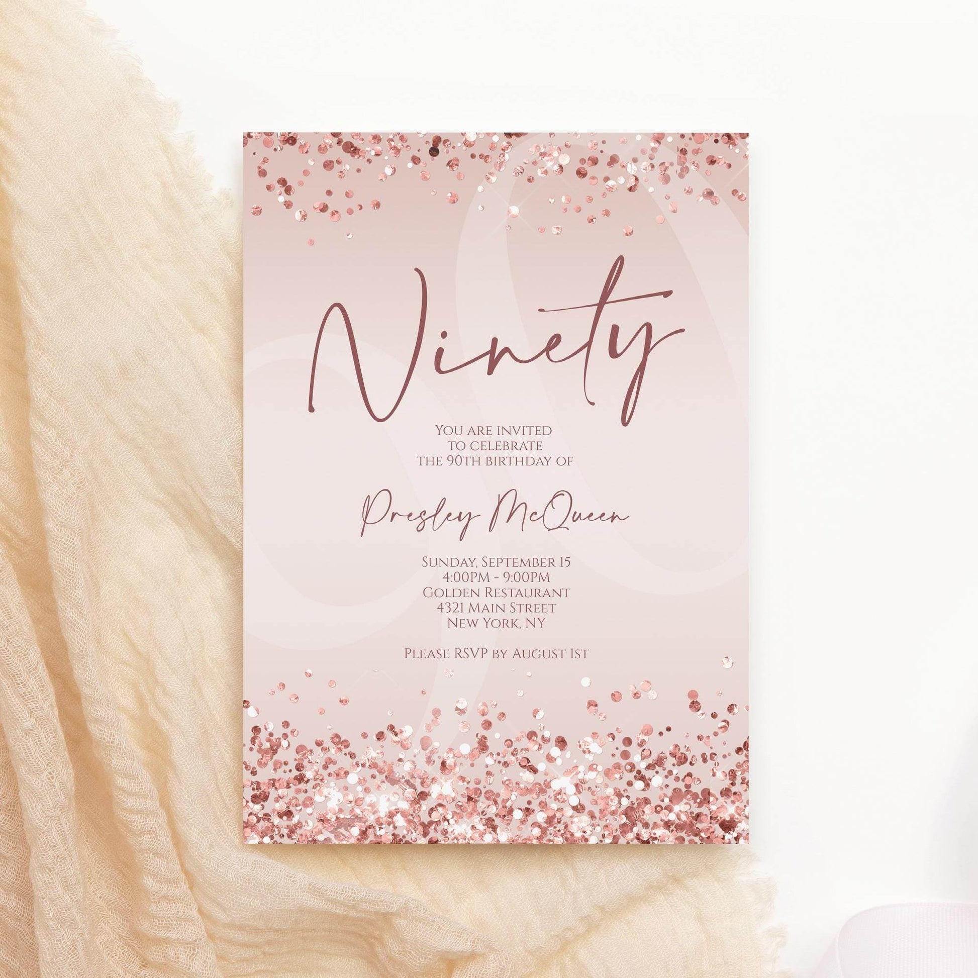 Rose Gold 90th Birthday Invitation Template, Printable Editable Pink Confetti Invite, 90th Digital Text or Email Evite Download