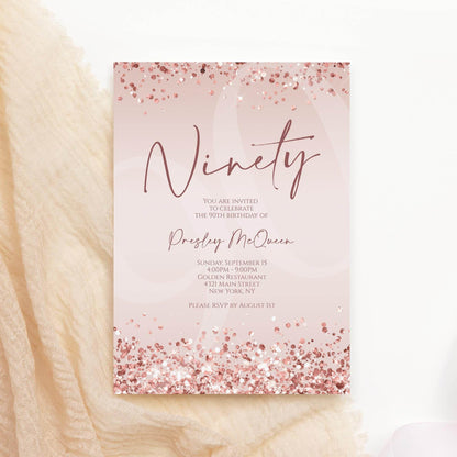Rose Gold 90th Birthday Invitation Template, Printable Editable Pink Confetti Invite, 90th Digital Text or Email Evite Download