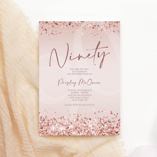 Rose Gold 90th Birthday Invitation Template, Printable Editable Pink Confetti Invite, 90th Digital Text or Email Evite Download