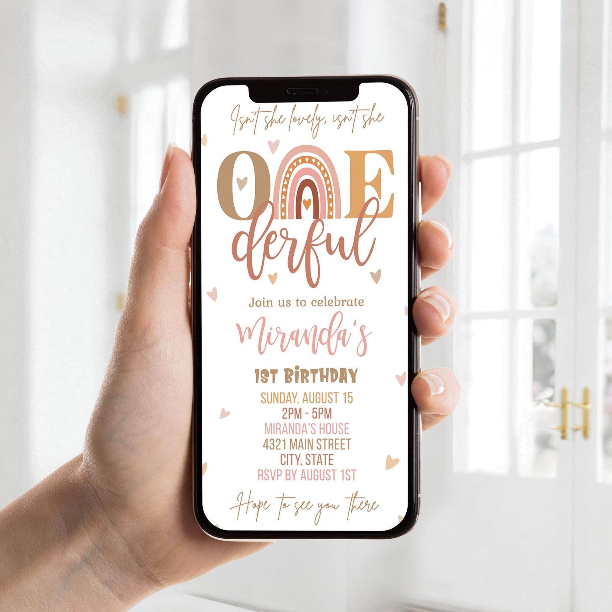 Boho “Onederful” First Birthday Invitation Template – Digital Girl Rainbow Birthday Evite | Editable Electronic 1st Birthday Party Invite | Instant Download