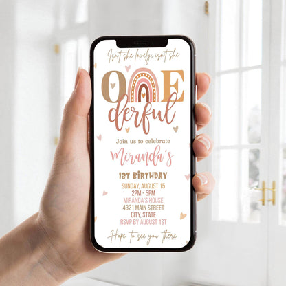 Boho “Onederful” First Birthday Invitation Template – Digital Girl Rainbow Birthday Evite | Editable Electronic 1st Birthday Party Invite | Instant Download