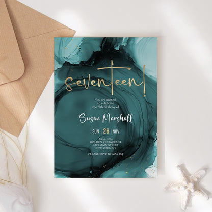 Teal Gold 17th Seventeen Birthday Invitation Template, Printable Boy Girl Birthday Party Invite, Editable Surprise Invite, Digital Download