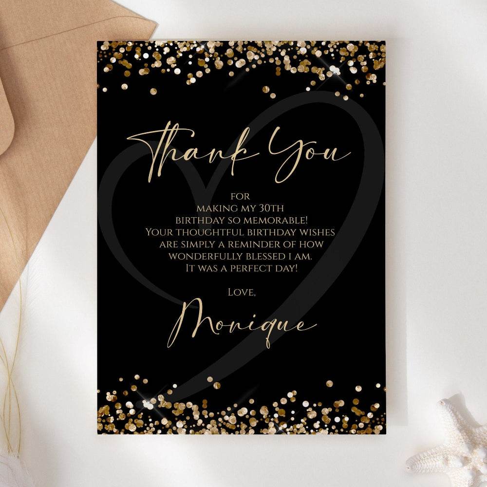 Black & Gold Thank You Card Template – Editable Birthday or Anniversary Notecard | Printable Thank You Card | Instant Digital Download