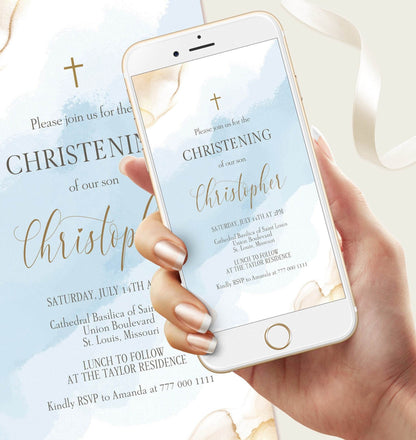 Boy Christening Invitation Template | Editable Blue Digital Evite | Electronic Baptism Phone Invite | Christening Text Message Card | Instant Download
