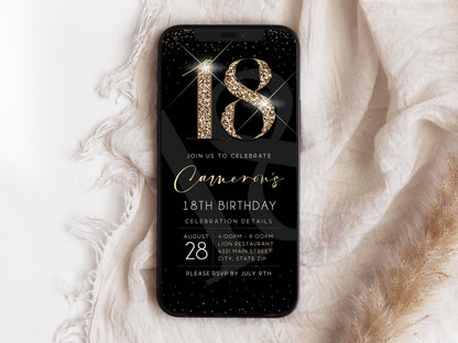 Luxury Digital 18th Eighteen Birthday Evite Invitation Template, Electronic Black Gold Modern Invite, Email Text Message Evite, Phone Invite