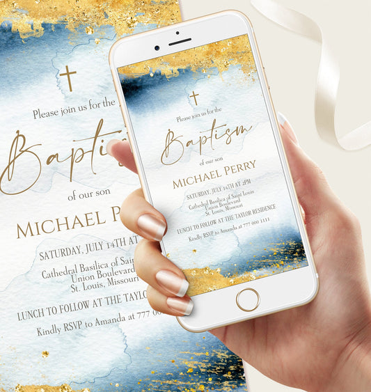 Electronic Boy Baptism Invitation, Digital Evite Template, Boy Blue Gold Watercolor Christening Invite, Editable Baptism Text Message Invite