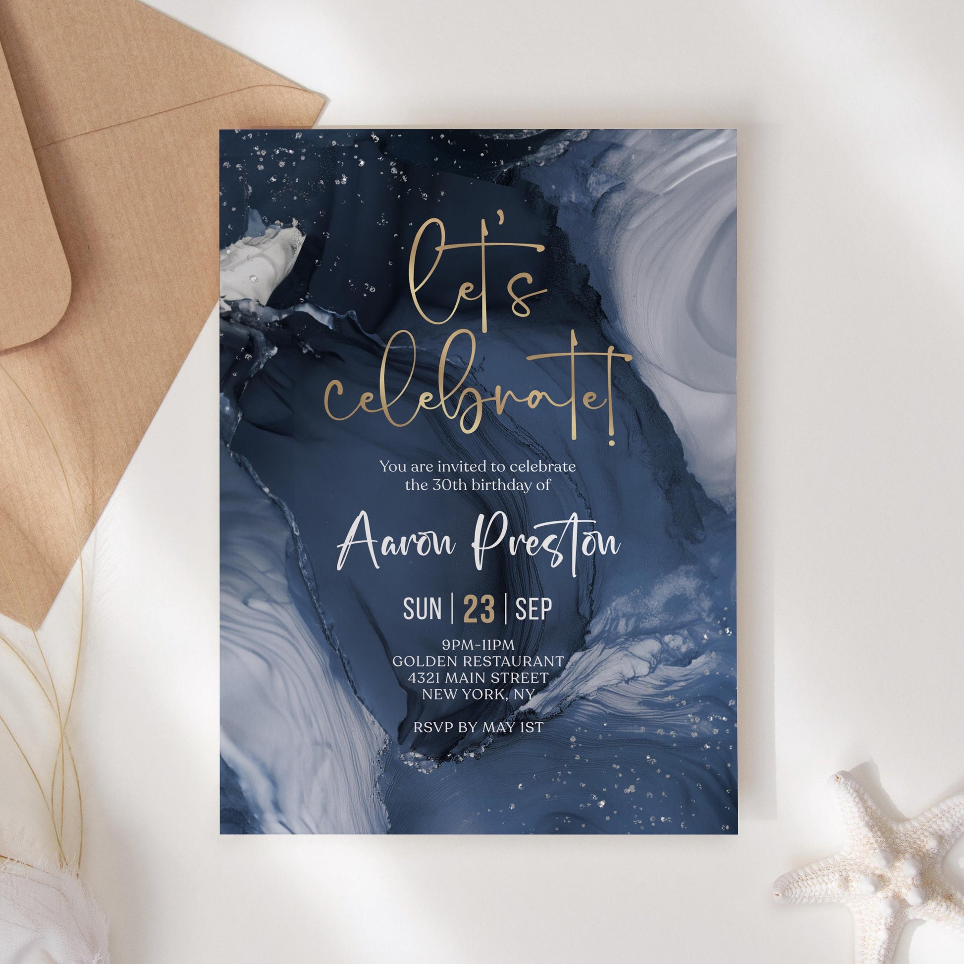 Blue Gold Let's Celebrate Birthday Invitation Template, Printable Birthday Party Invite, Editable Any Age Invitation, Navy Man Birthday Card