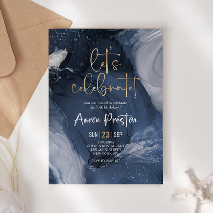 Blue Gold Let's Celebrate Birthday Invitation Template, Printable Birthday Party Invite, Editable Any Age Invitation, Navy Man Birthday Card