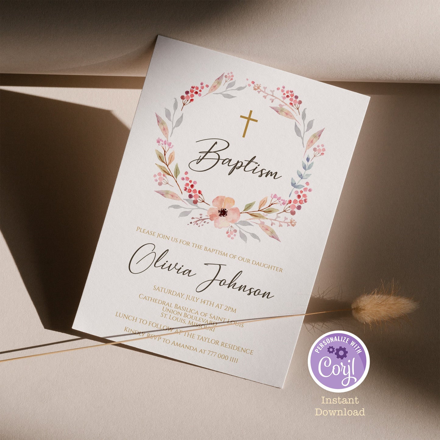 Girl Baptism Invitation Template Editable, Boho Floral Girl Invite Template, Printable Blush Pink Christening Card Invite, Digital Download