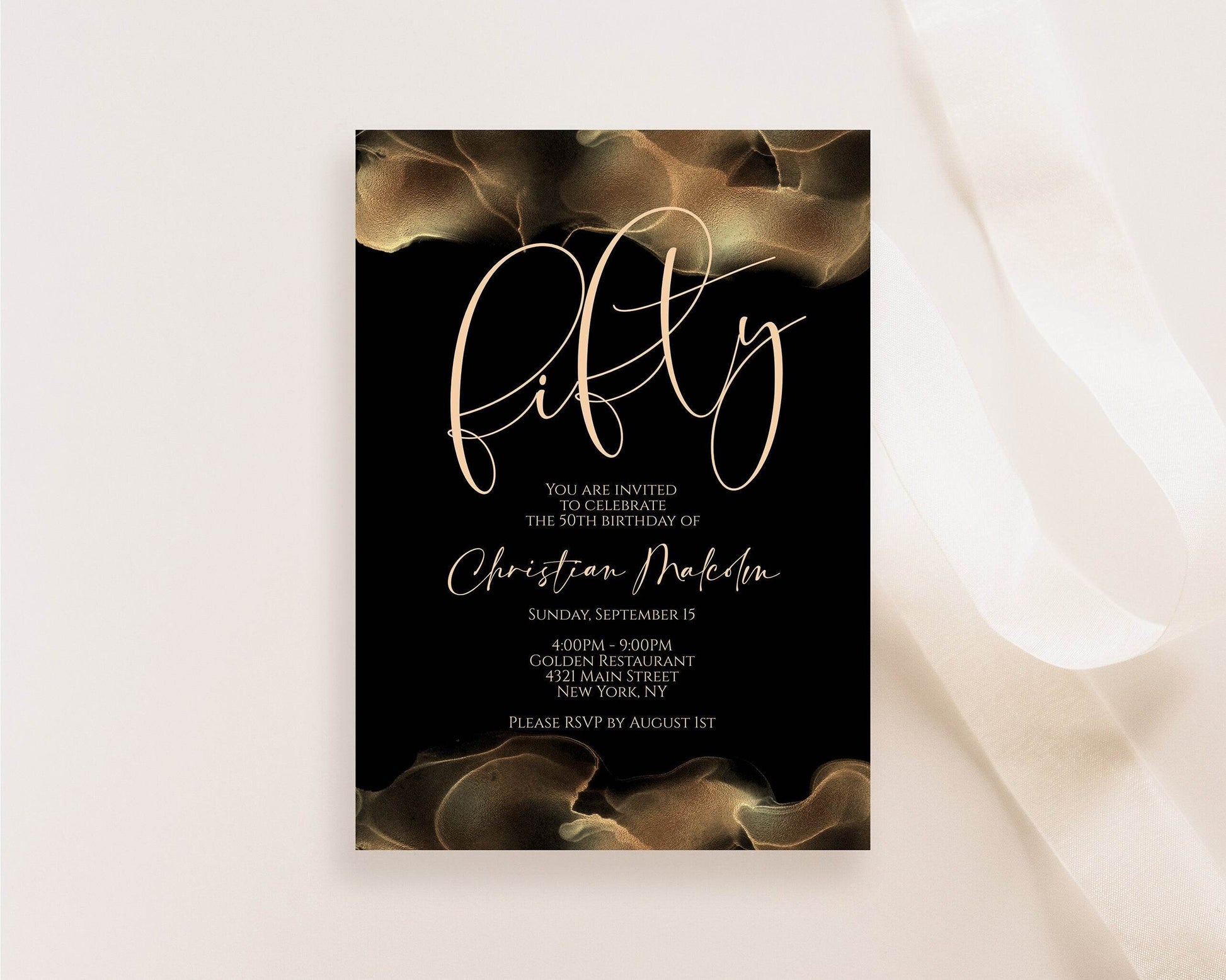 50th Birthday Invitation Template | Editable Black Gold & Blush Party Invite | Luxury Printable 50th Birthday Card | Digital Instant Download