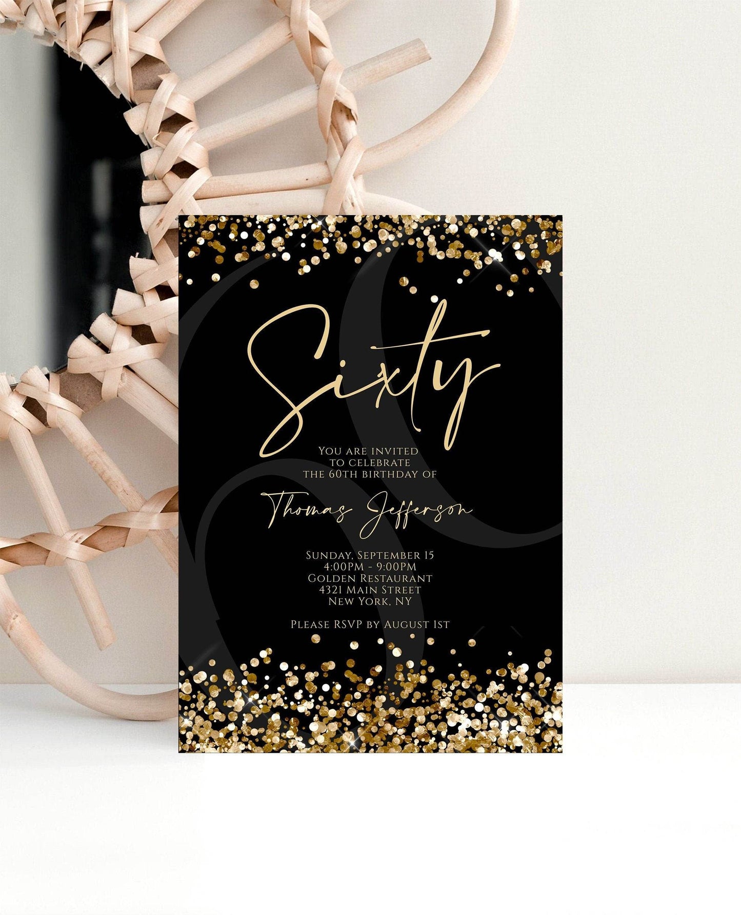 Black Gold 60th Birthday Invitation Template, Printable Sixty Invite for Men, Gold Confetti Editable Card, Digital Email Text Message