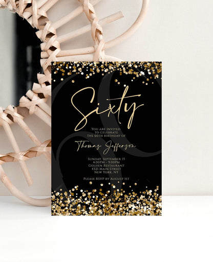 Black Gold 60th Birthday Invitation Template, Printable Sixty Invite for Men, Gold Confetti Editable Card, Digital Email Text Message