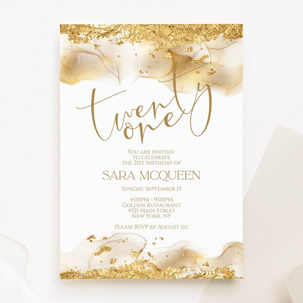 Printable 21st Birthday Invitation – Editable Gold Foil Glitter Template | Twenty-One Birthday Digital Text Invite | DIY Instant Download