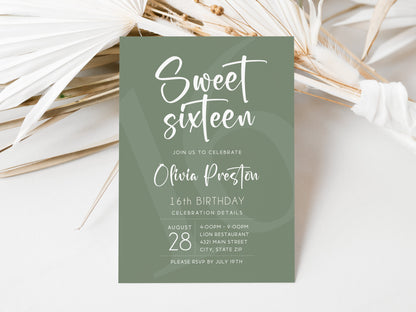 Sweet Sixteen Birthday Invitation Template - Sage Green | Instant Download