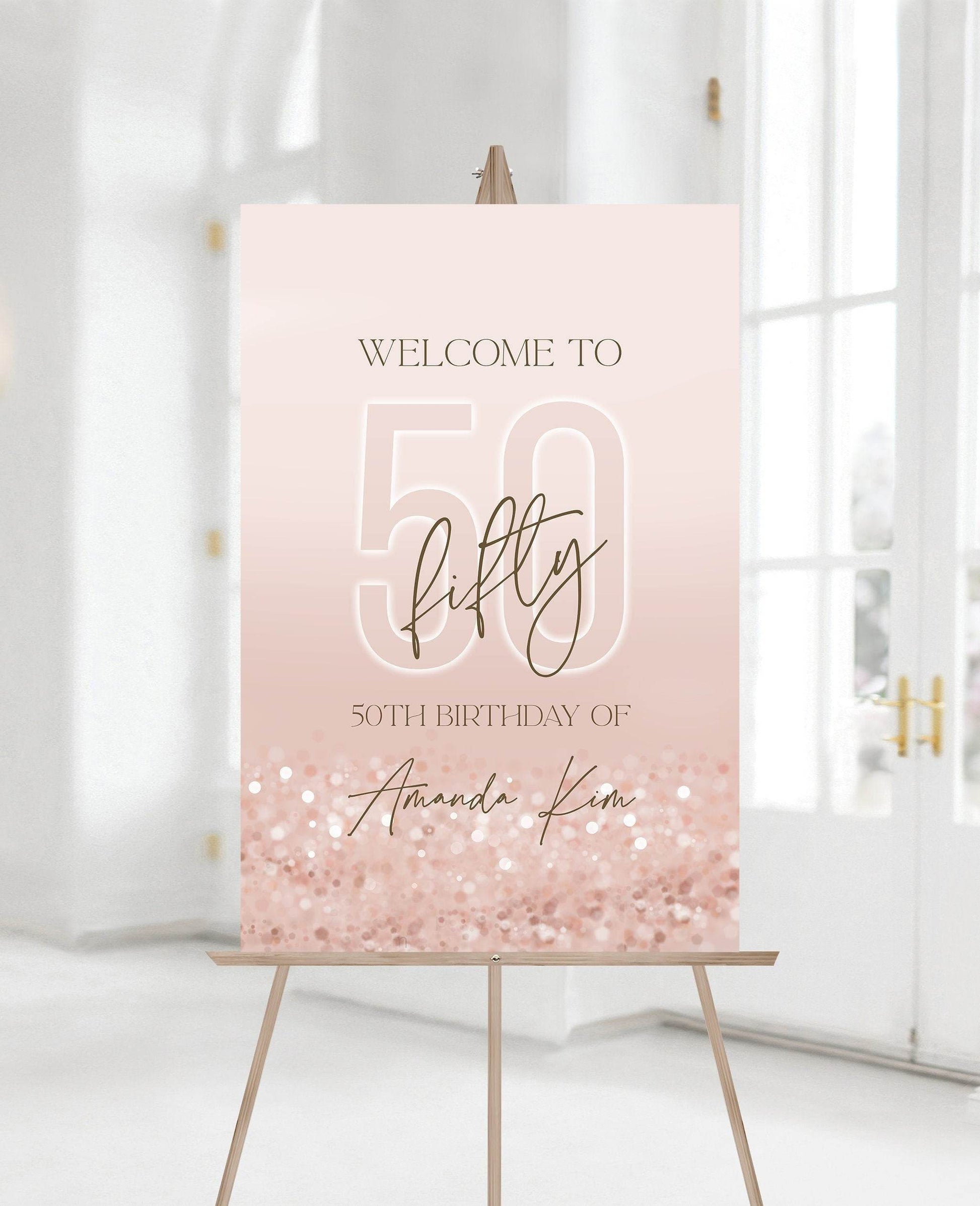 Printable 50th Birthday Party Welcome Sign, Editable Luxury Rose Gold Pink Confetti Template, Custom Fifty Birthday Welcome Board, Instant Download