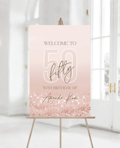 Printable 50th Birthday Party Welcome Sign, Editable Luxury Rose Gold Pink Confetti Template, Custom Fifty Birthday Welcome Board, Instant Download