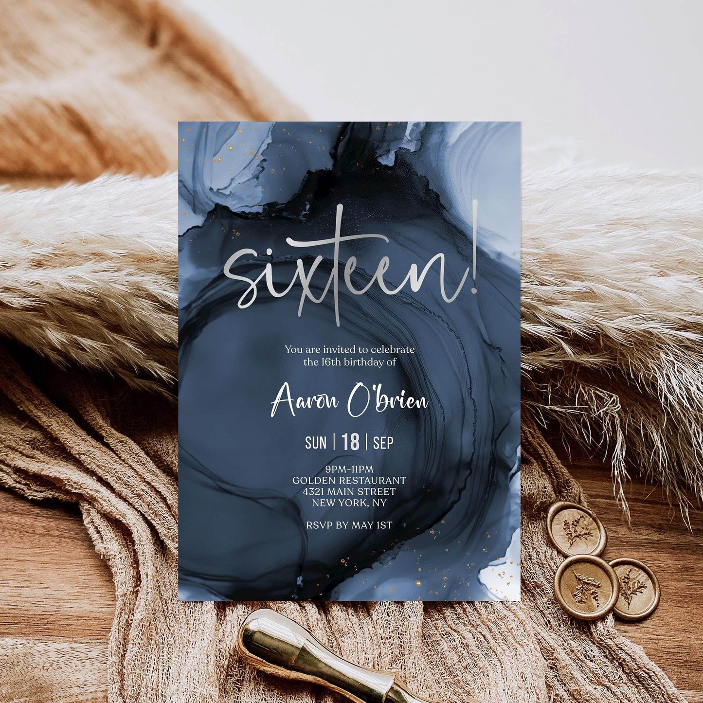 Blue Navy Silver 16th Sixteen Birthday Invitation Template, Printable Boy Birthday Party Invite, Editable Surprise Invite, Digital Download