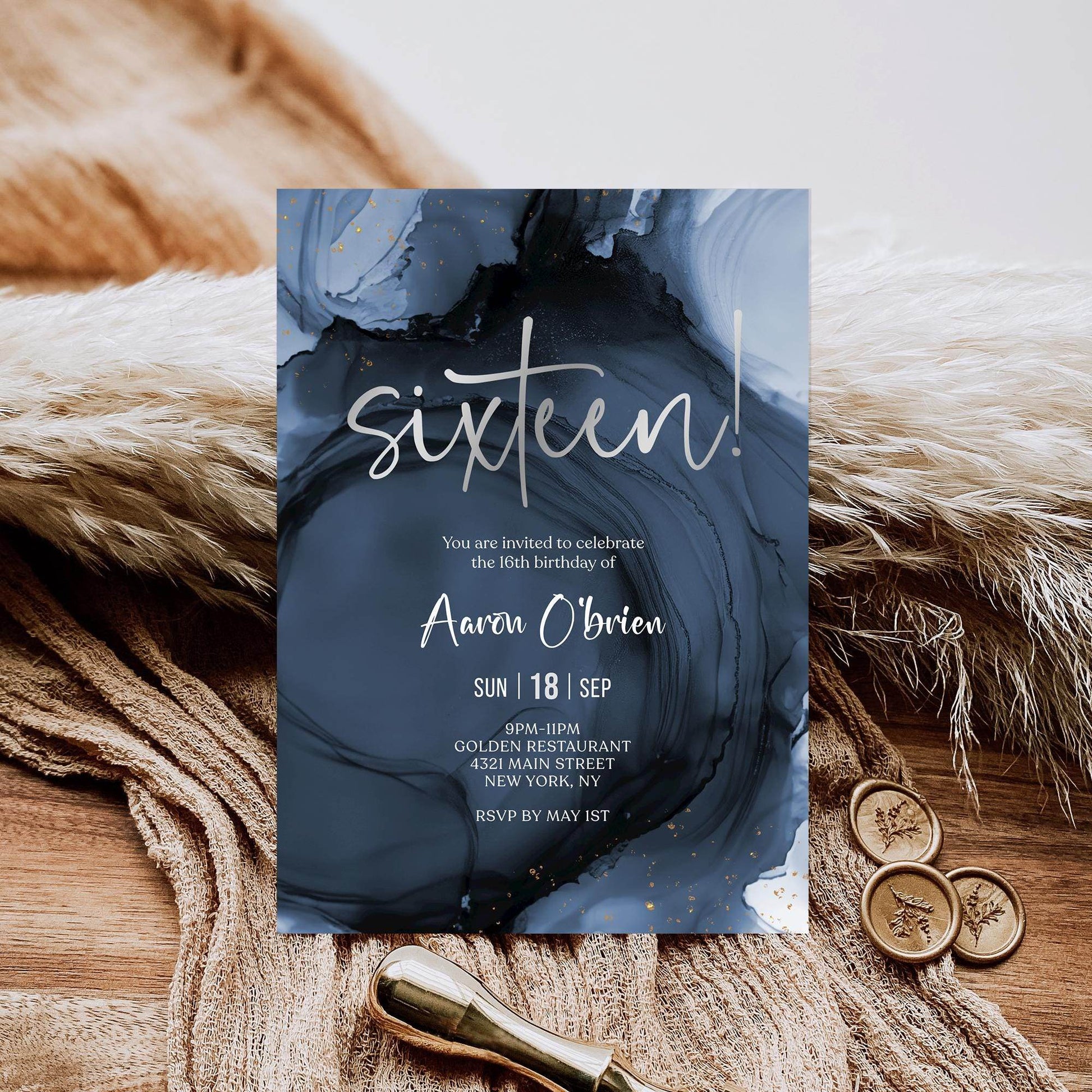 Blue Navy Silver 16th Sixteen Birthday Invitation Template, Printable Boy Birthday Party Invite, Editable Surprise Invite, Digital Download