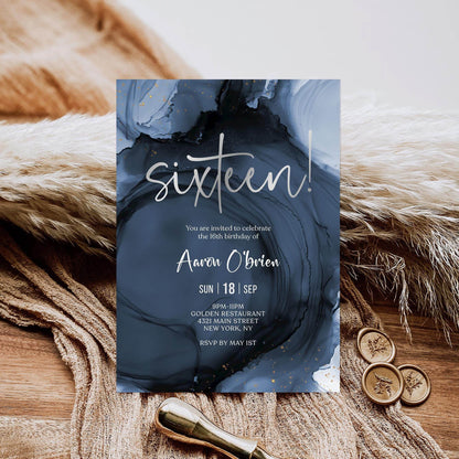 Blue Navy Silver 16th Sixteen Birthday Invitation Template, Printable Boy Birthday Party Invite, Editable Surprise Invite, Digital Download