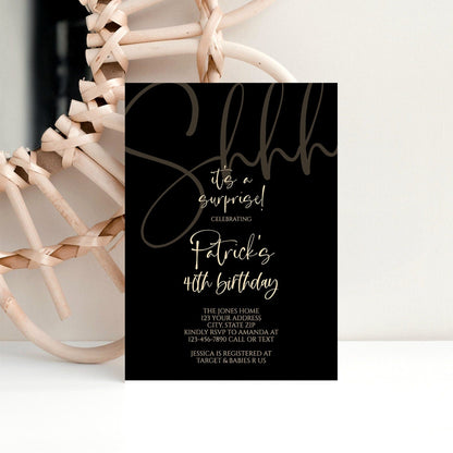 Shhh it's a surprise 40th Birthday Invitation, Printable black gold Men Birthday, Forty Birthday Invite, Editable Invitation Template