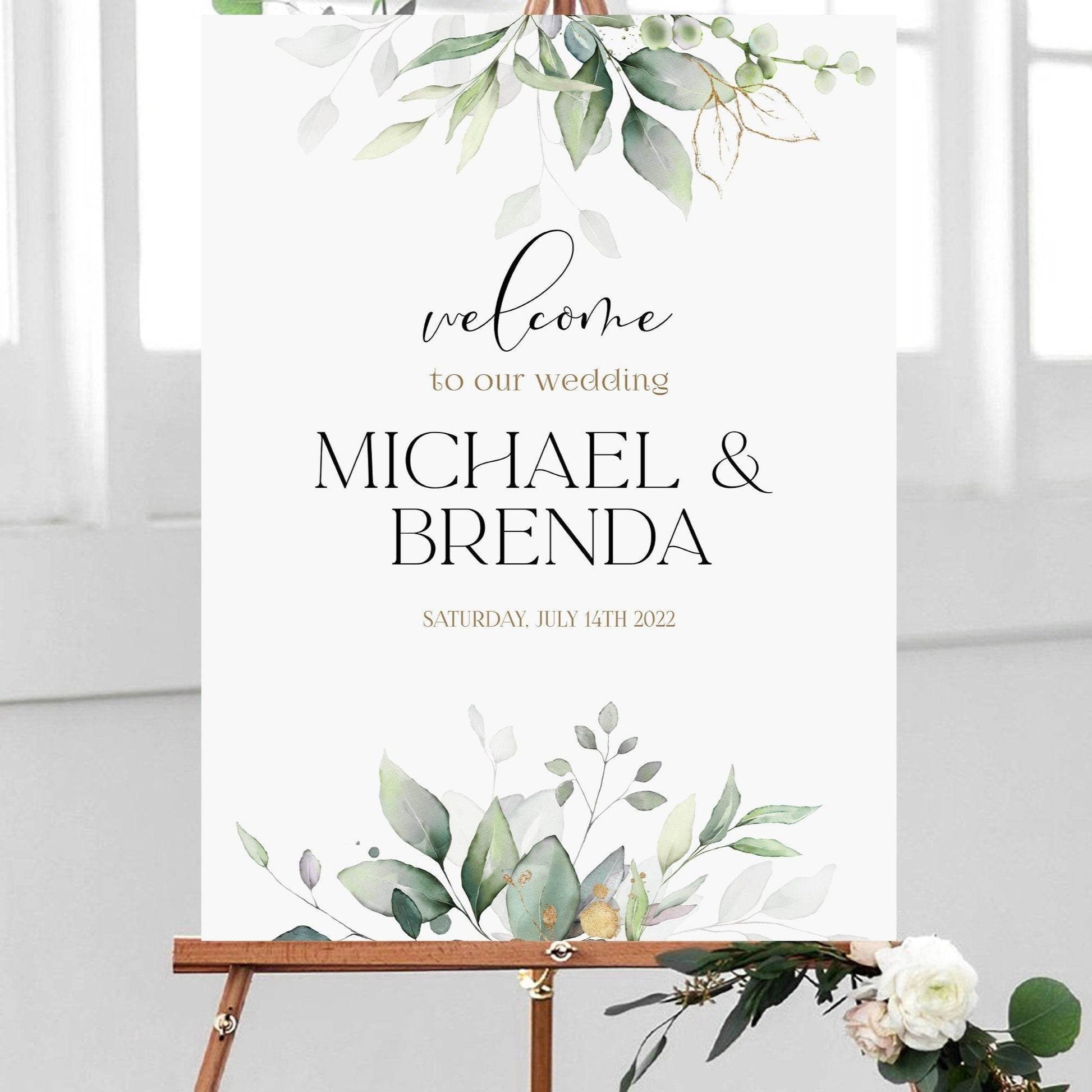Printable Eucalyptus Greenery Welcome Sign Template | Editable Wedding Welcome Sign | DIY Custom Green Foliage Sign | Instant Download