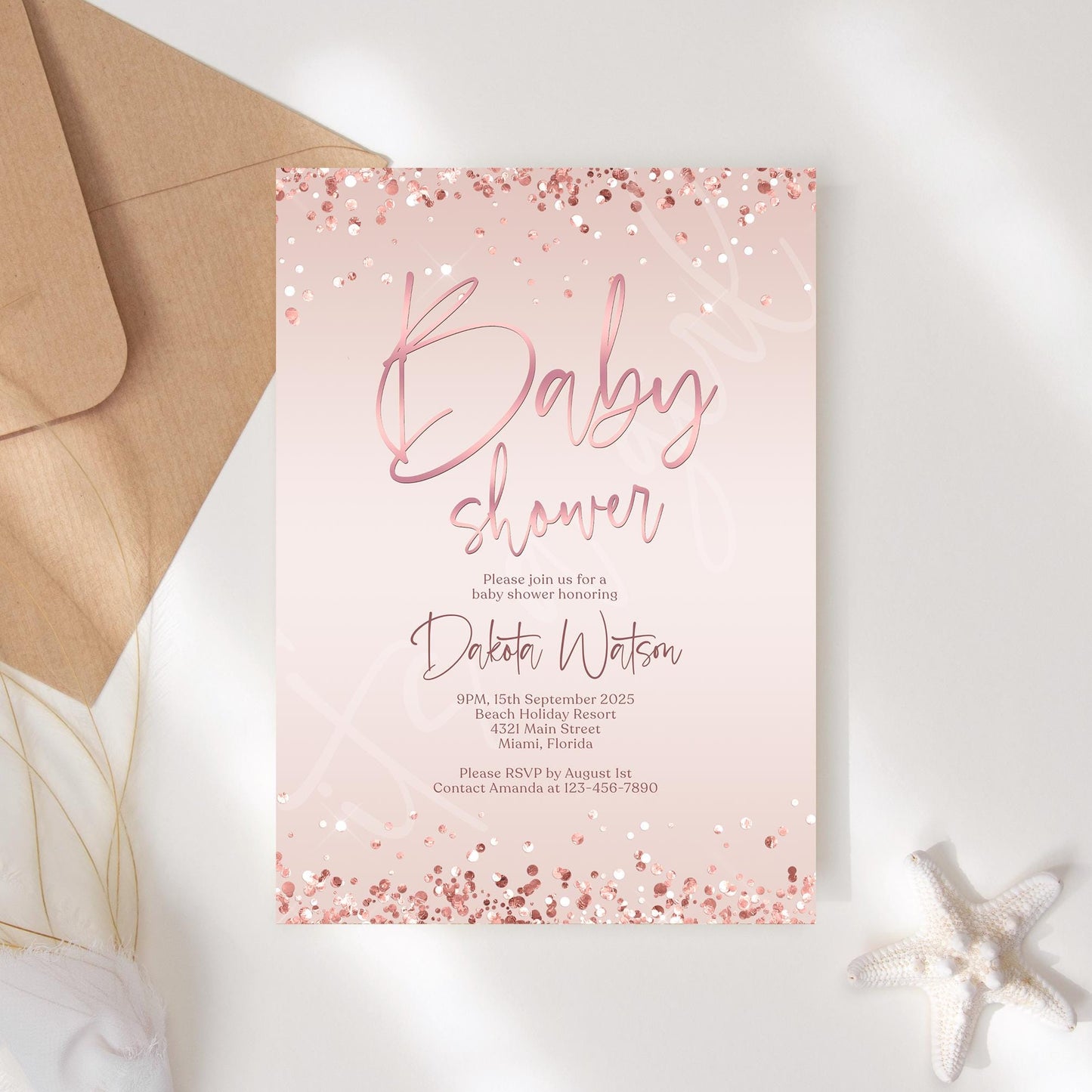 Printable Girl Baby Shower Invitation Template, Pink Rose Gold Confetti Baby Shower Invite, Editable Invitation, Digital Baby Shower Evite