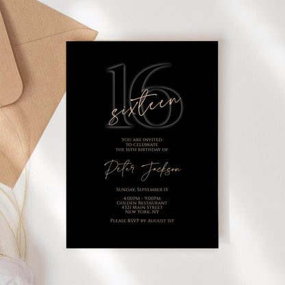 Black 16th Birthday Invitation for Boy, Elegant Printable Sixteen Invite, Editable Template, Text Message Evite, Instant Download