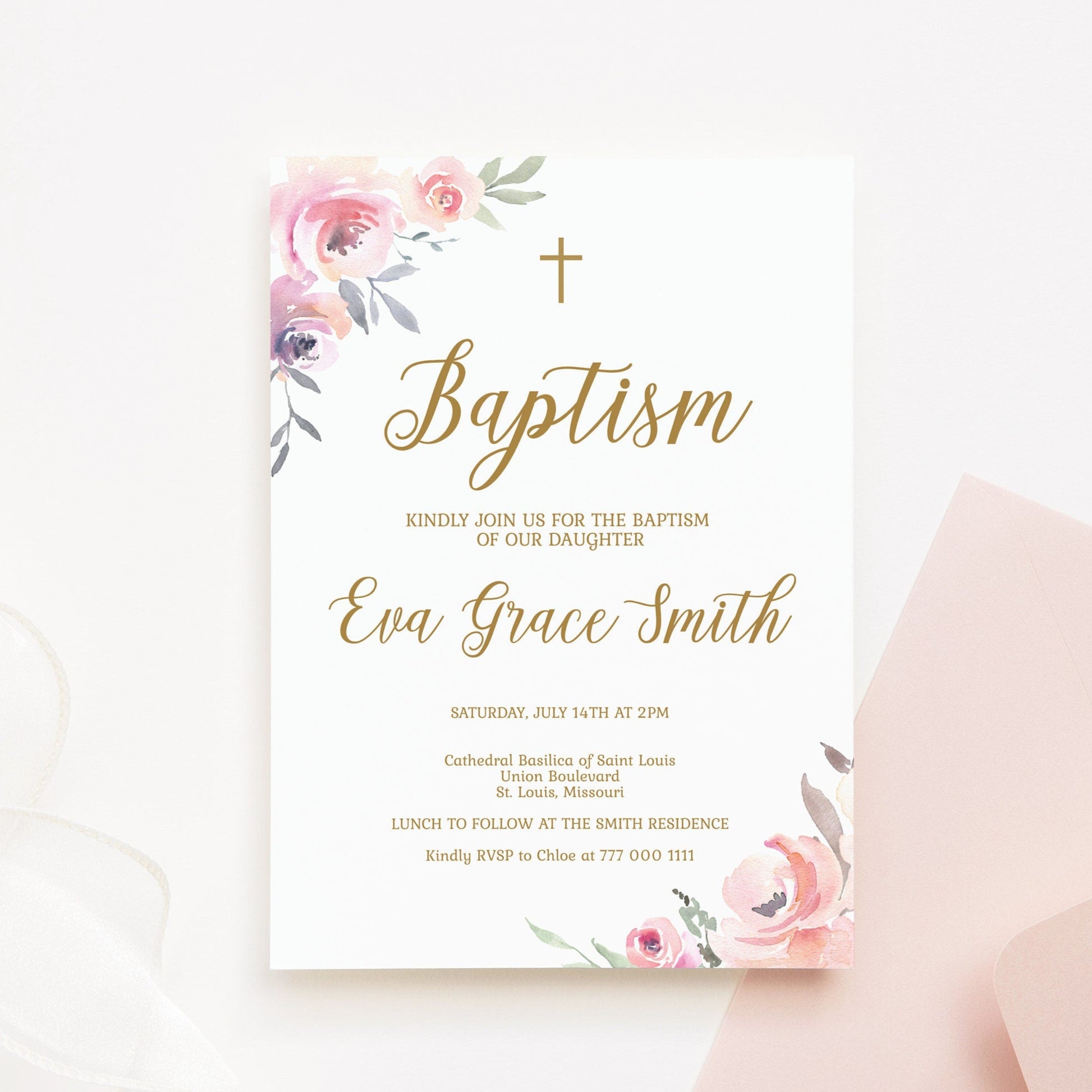 Floral Girl Baptism Invitation Template, Blush Pink Gold Christening Invite, Printable Baptism Girl Invite, Fully Editable Instant Download
