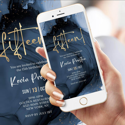 Blue Navy & Gold 15th Birthday Invitation Template for Boys – Digital Fifteen Birthday Party Invite | Editable Electronic Text Message Evite | Instant Download
